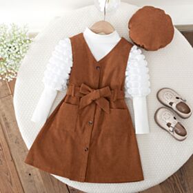 2-7Y Textured Bubble Long-Sleeved Top Suspender One-Piece Dress Set Wholesale Girls Clothes V3824112600008