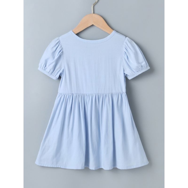 Wholesale Kid Girl Puff Sleeve Button Front Blue Dress