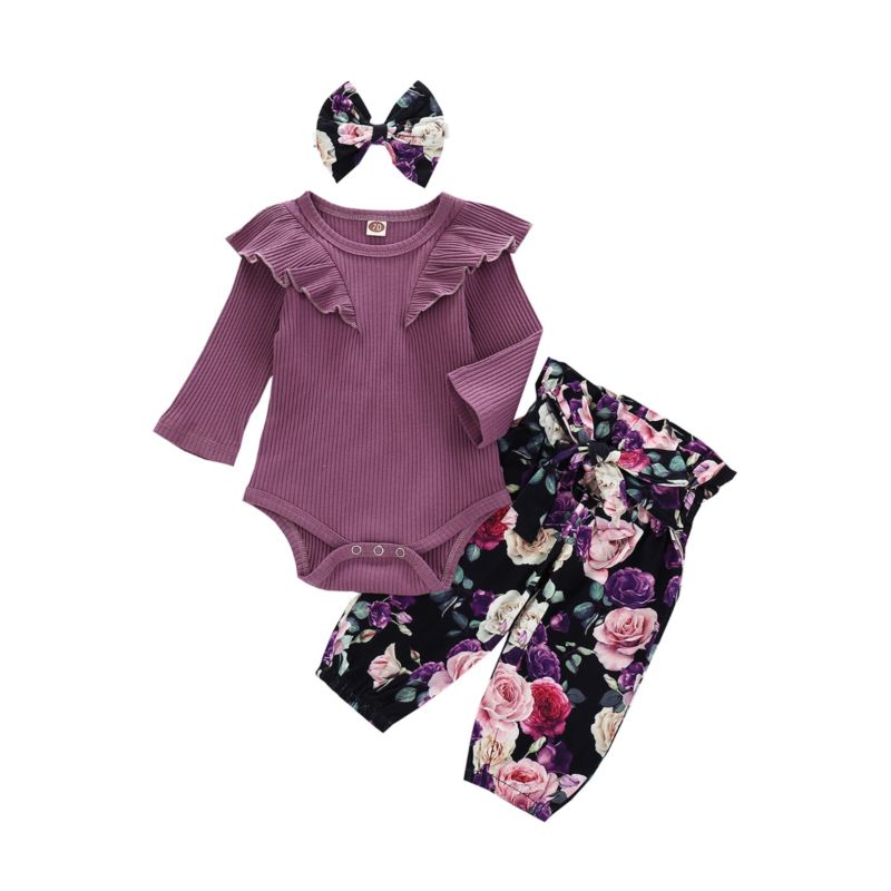 Wholesale 3 Pcs Baby Girl Ribbed Purple Set Bodysuit