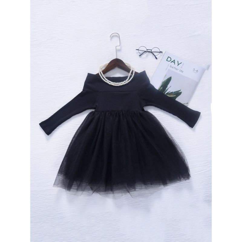 Wholesale Kid Girl Off Shoulder Mesh Black Dress 200830