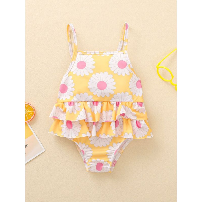 Wholesale Girls Floral Print Ruffle Trim One Piece Swim