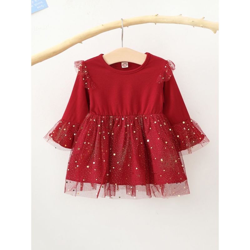 Wholesale Toddler Girl Sequins Flared Sleeve Mesh Dress