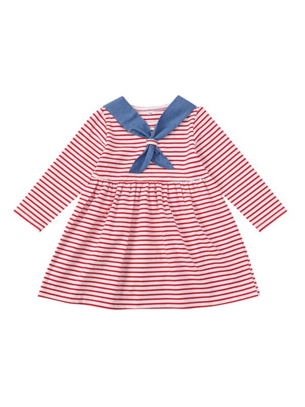 Red-Stripes Pleated Dress Long-sleeve for Baby Toddler Girls