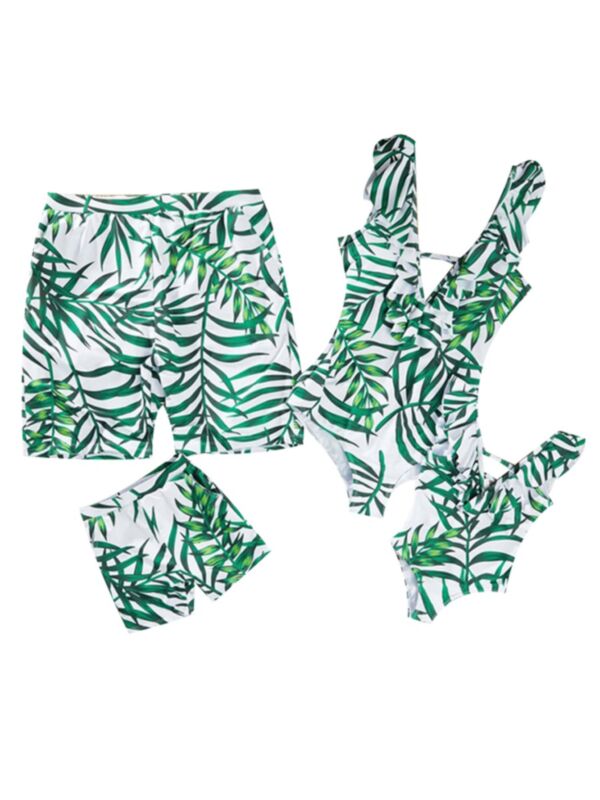 Family Matching Leaf Print Frilled One Piece Bathing Suit for Mom and Daughter 
