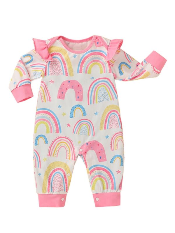 Infant Newborn Girl Rainbow Print Pink Fall Jumpsuit