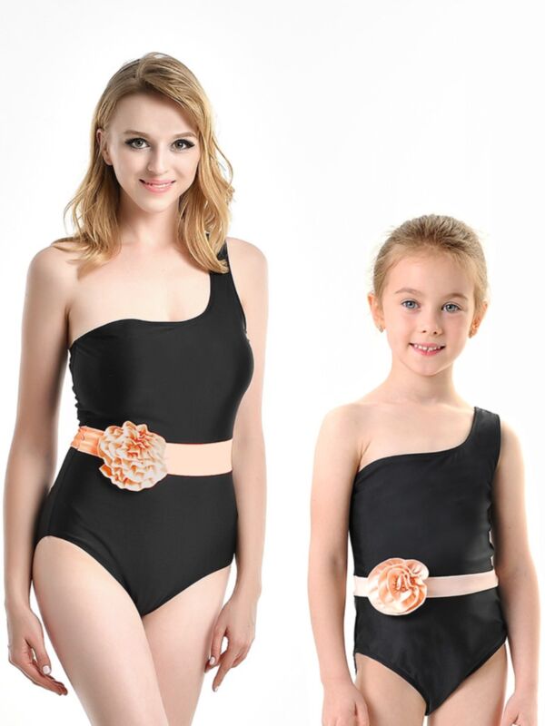 Mommy and Daughter Flower Trim One Shoulder Bathing Suit