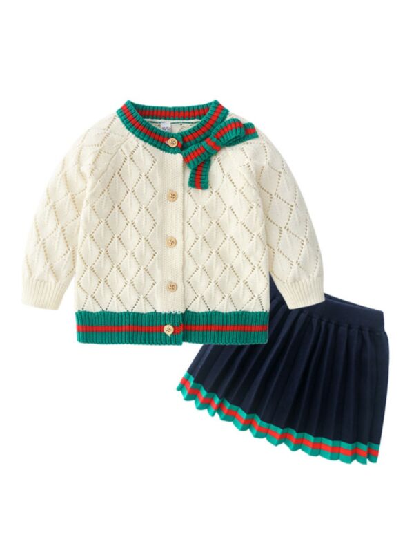 2 Pieces Toddler Girl Bowknot Knit Cardigan Matching Pleated Skirt Outfits