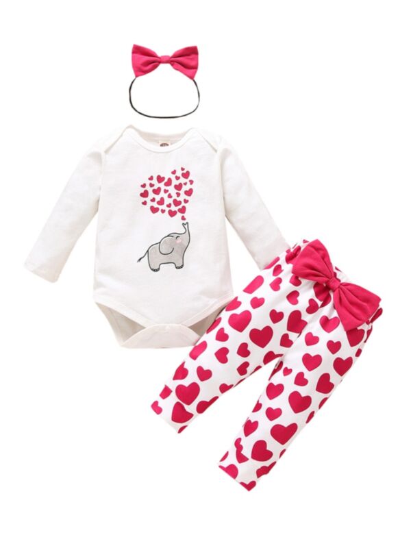 3 Pieces Baby Girl Love Heart Elephant Set Bodysuit & Bow Pants & Headband
