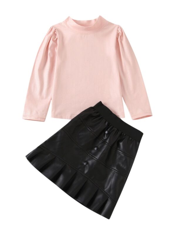 2 Pieces Kid Girl High Top Collar Top & Ruffle Hem PU Skirt