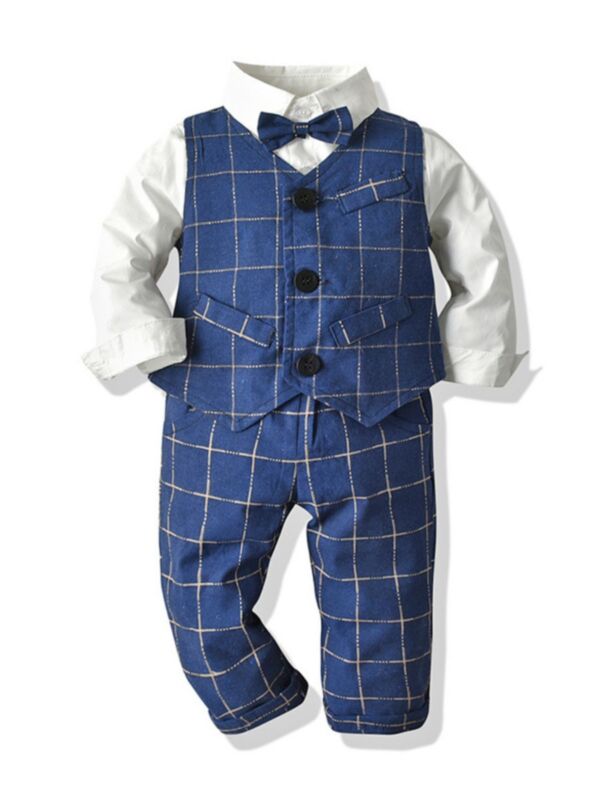 3 Pieces Toddler Boy Formal Outfit Bow Tie Shirt & Plaid Vest & Trousers