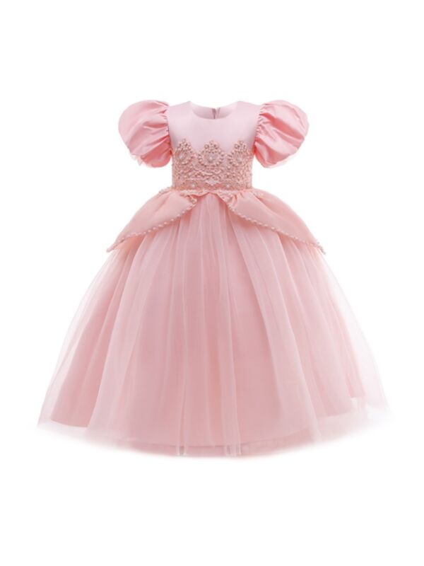 Kid Girl Puff Sleeve Princess Party Birthday Pink Maxi Dress