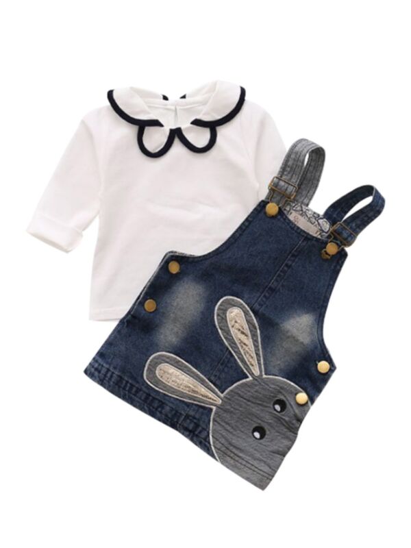 2 Pieces Kid Girl Blouse Matching Rabbit Suspender Skirt Set