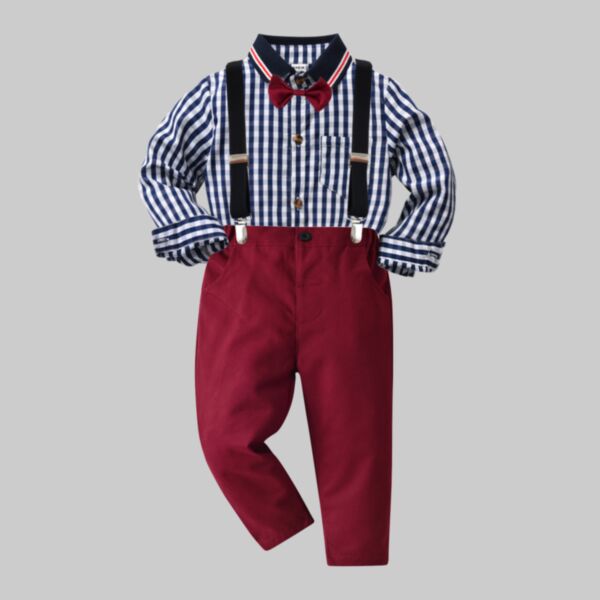 18M-7Y Toddler Boy Suit Sets Long-Sleeved Plaid Lapel Top And Suspender Pants Wholesale Boys Clothing KSV591049