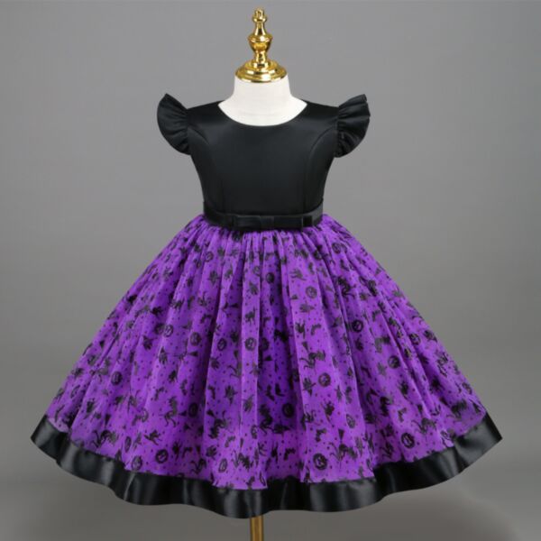 4-9Y Halloween Pumpkin Print Witch Cosplay Pleated Skirt Princess Dress Wholesale Kids Boutique Clothing KKHQV492109