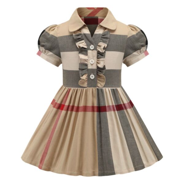 3-8Y Short Sleeve Plaid Lapel Collar Plaid Print Dress Wholesale Kids Boutique Clothing KKHQV492101