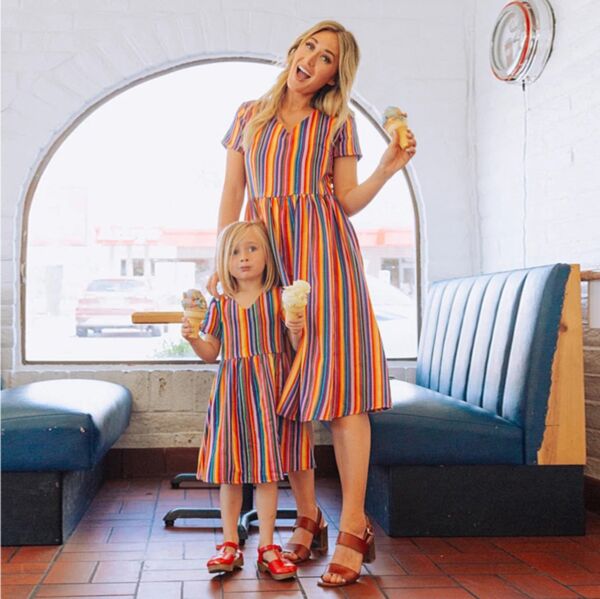 Mommy And Me Rainbow Striped Short Sleeve Long Sleeve Dress Wholesale Kids Boutique Clothing