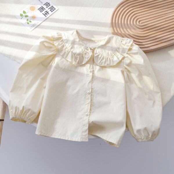  9M-6Y Toddler Girl Long-Sleeved Solid Color Ruffle Doll Collar Single-Breasted Vintage Blouse Girl Wholesale Boutique Clothing KTV591450