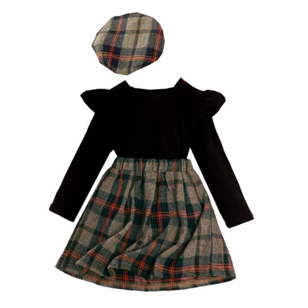 3-7Y Toddler Girl Sets Solid Color Long Sleeve Top And Plaid Skirt And Hat Girl Wholesale Boutique Clothing KSV591585