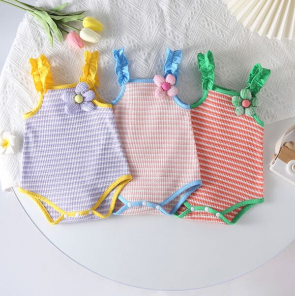 0-18M Baby Girls Flower Striped Suspender Bodysuit Baby Wholesale Clothing KJV388316