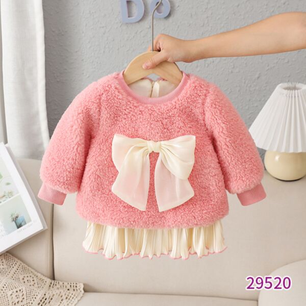 6-24M Big Bowknot Lamb Fleece Thicken Dress Baby Wholesale Clothing KDV492968