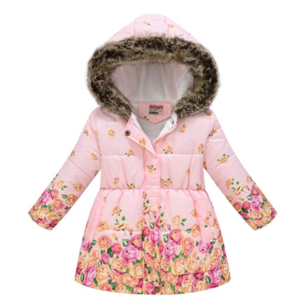 3-7Y Floral Print Glaze Surface Cotton Padded Zipper Long Style Coat Jacket Wholesale Kids Boutique Clothing KCV493111