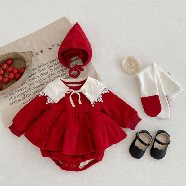 0-18M Wide Lace Collar Fleece Red Pleated Skirt Romper And Pants Set Baby Wholesale Clothing KJV493335