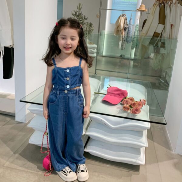 18M-6Y Blue Denim Suspender Tops And Long Trousers Jeans Set Wholesale Kids Boutique Clothing KSV493637