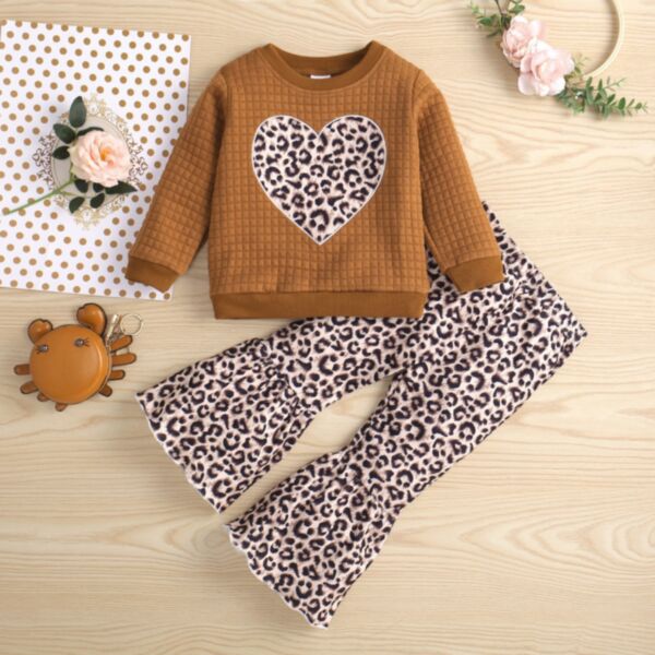 9M-6Y Toddler Girl Sets Long-Sleeved Love Print Top And Leopard Print Flared Pants Wholesale Little Girl Clothing KSV591613