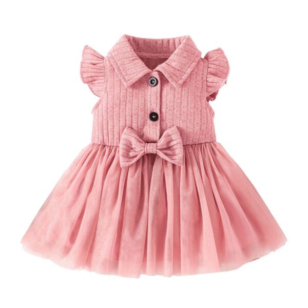 3-24M Baby Girl Fly Sleeve Ribbed Bow Patchwork Mesh Skirt Wholesale Baby Clothes Suppliers KDV591627