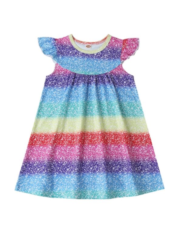 Little Girl Flared Sleeve Rainbow Stripe Dress 