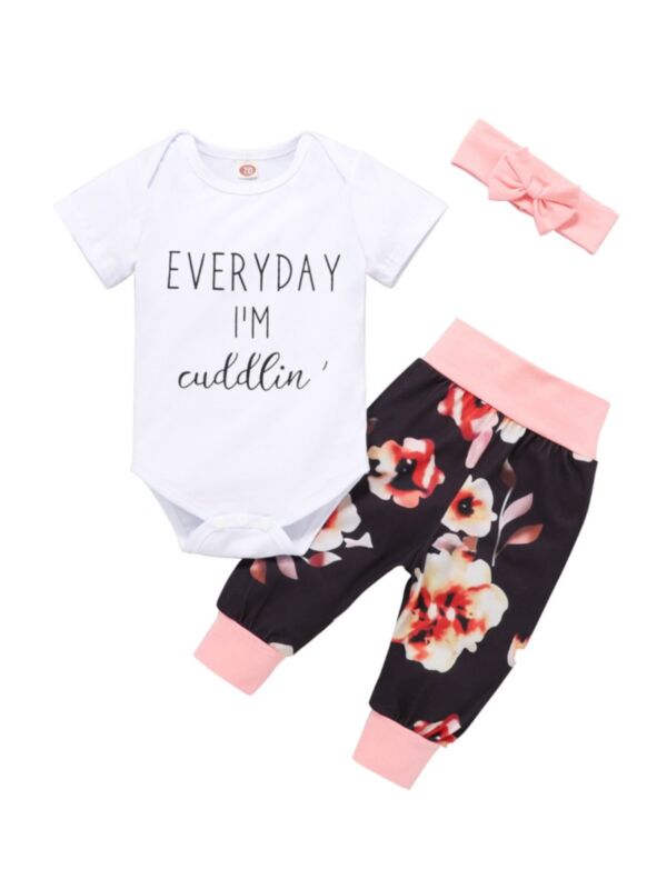 3 Pieces Baby Girl Everyday I'm Cuddlin' Bodysuit & Floral Pants & Headband Set 