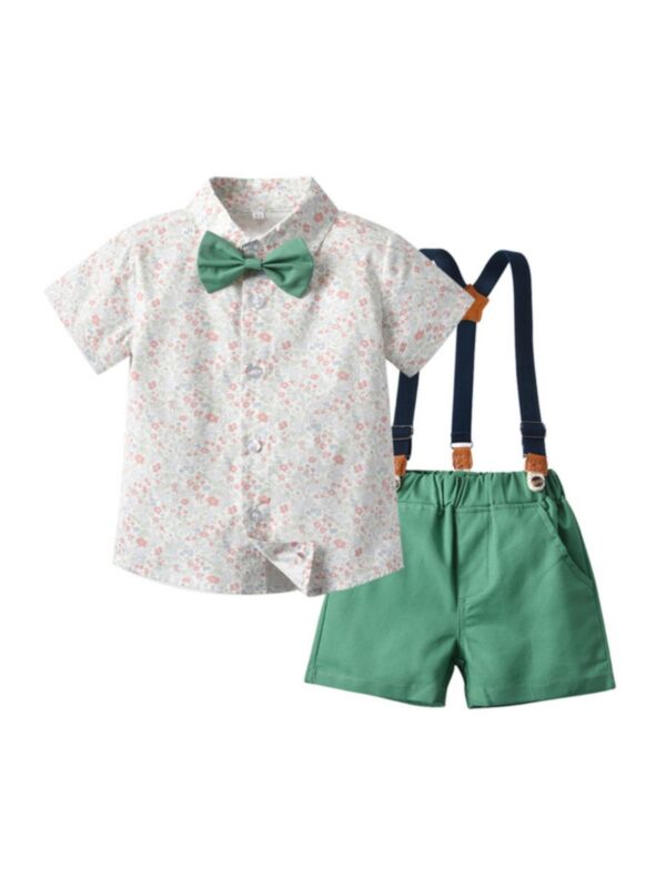 2 Pieces Toddler Kid Boy Floral Bowtie Shirt And Suspender Shorts Set