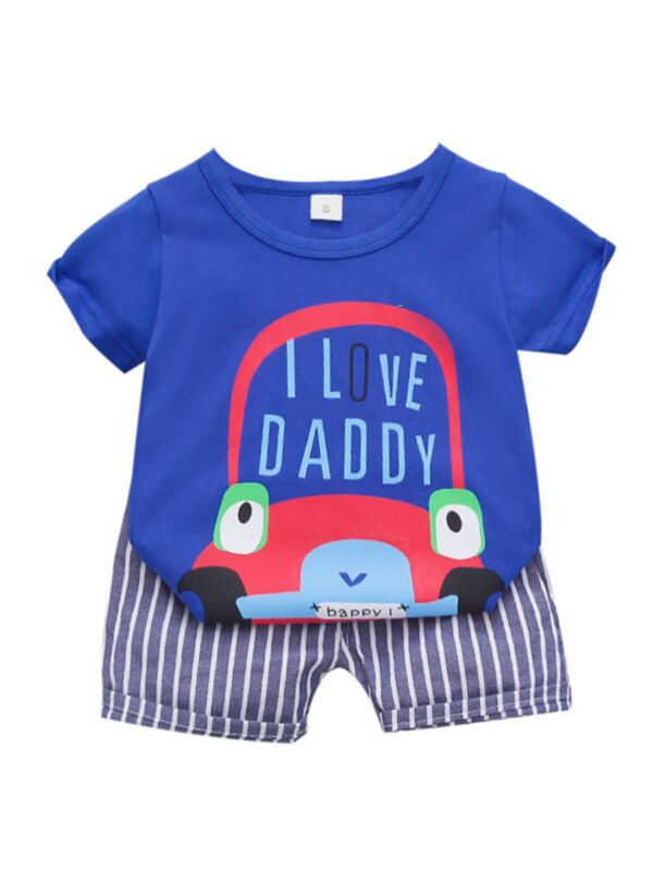 2 Pieces Toddler Boy I Love Daddy Car Print Top With Stripe Shorts Set
