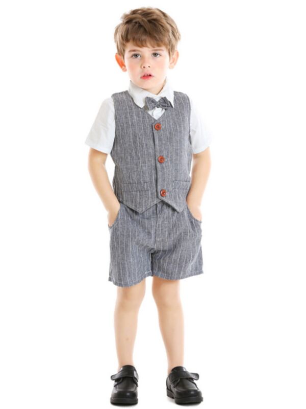 3-Piece Summer Toddler Baby Boys Stripe Clothes Outfits Bow Tie Shirt & Vest & Shorts