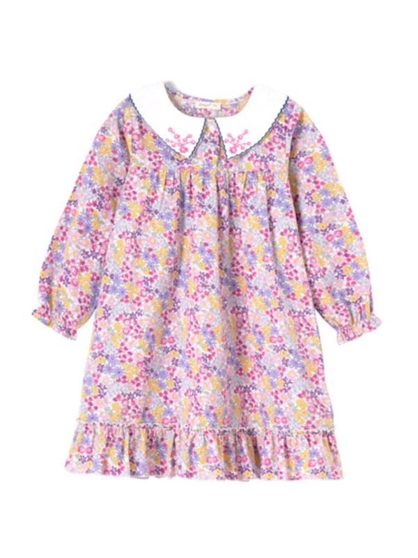 Kid Girl Embroidered Floral Print Dress Contrast Collar