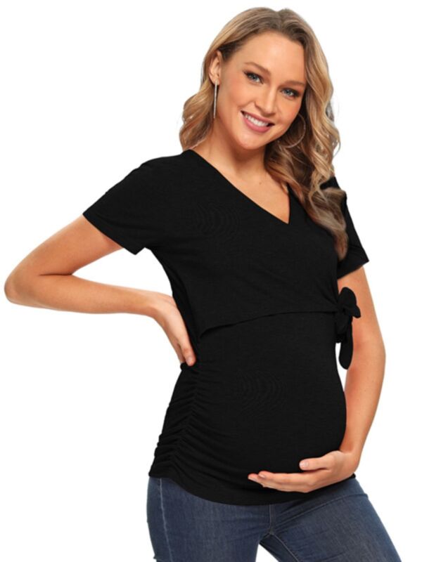 Bow  V-neck Maternity Top In Black