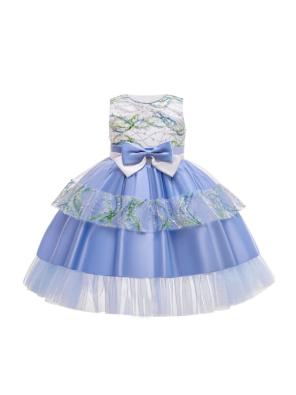 Kid Girl Party Bow Detail  Mesh Sequins Princess Sleeveless Dress