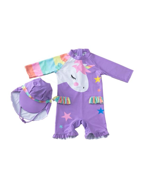 Two Pieces Kid Girl Unicorn Print Swimsui And Hat In Purple