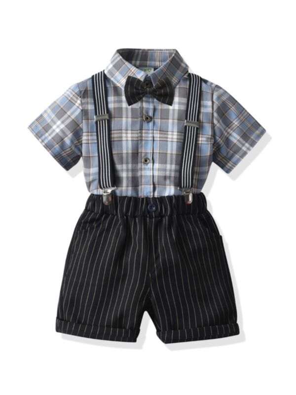 2-Piece Baby Toddler Kid Boy Bow Tie Plaid Shirt With Stripe Suspender Shorts Gentleman Set