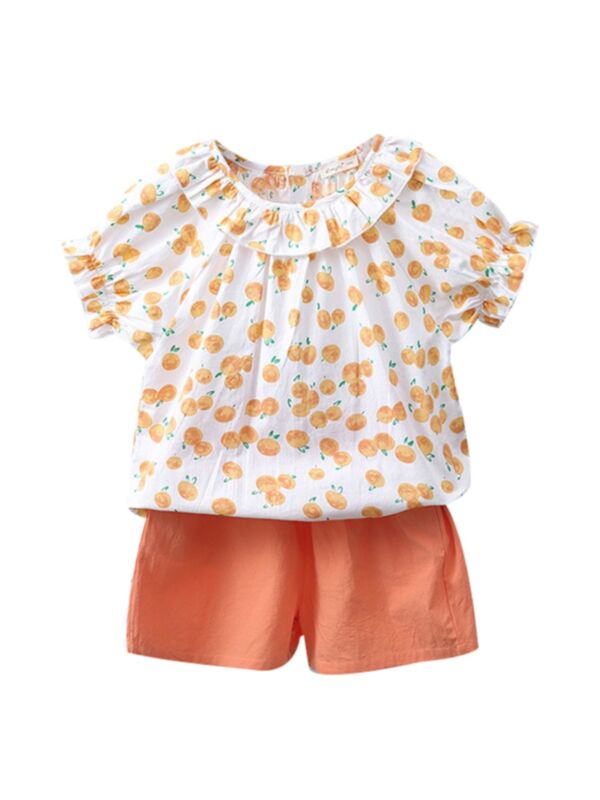 Two Pieces Girl Set Ruffled Collar Fruit Print Top And Shorts 