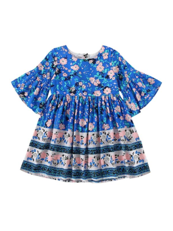 Kid Girl Boho Floral Graphic Flared Sleeve Dress 