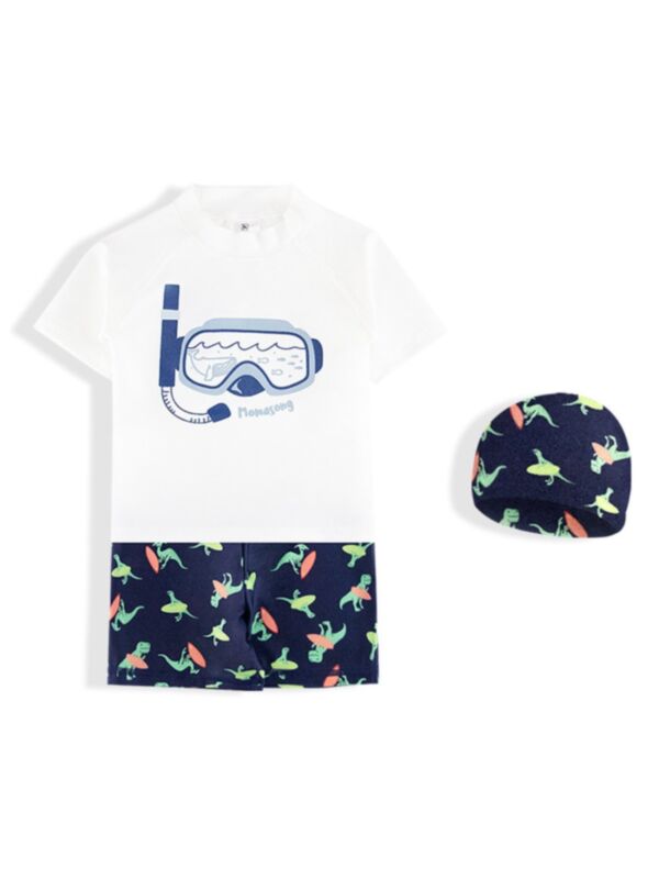 Three Pieces Kid Boy Swimwear Set Print T-shirt And Dinosaur Shorts And Hat 