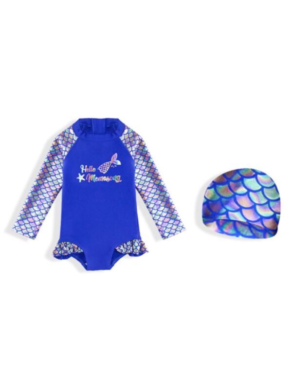 One-piece Girl Mermaid Print Long Sleeve Swimsuit And Hat
