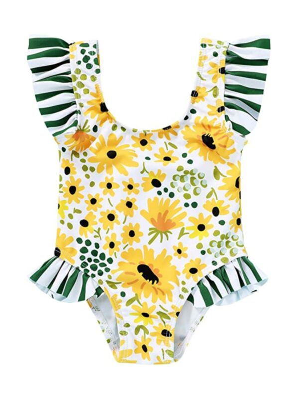 Girl  Sunflower Print Stripe One Piece Swimsuit