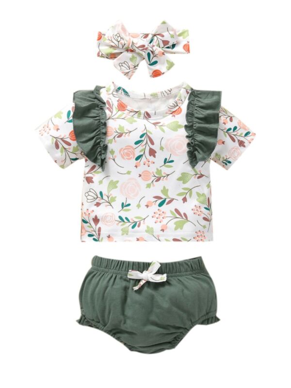 3 Pieces Infant Girl Pink Ruffle Trim Flower Printed Top & Green Shorts & Headband Set 21053052