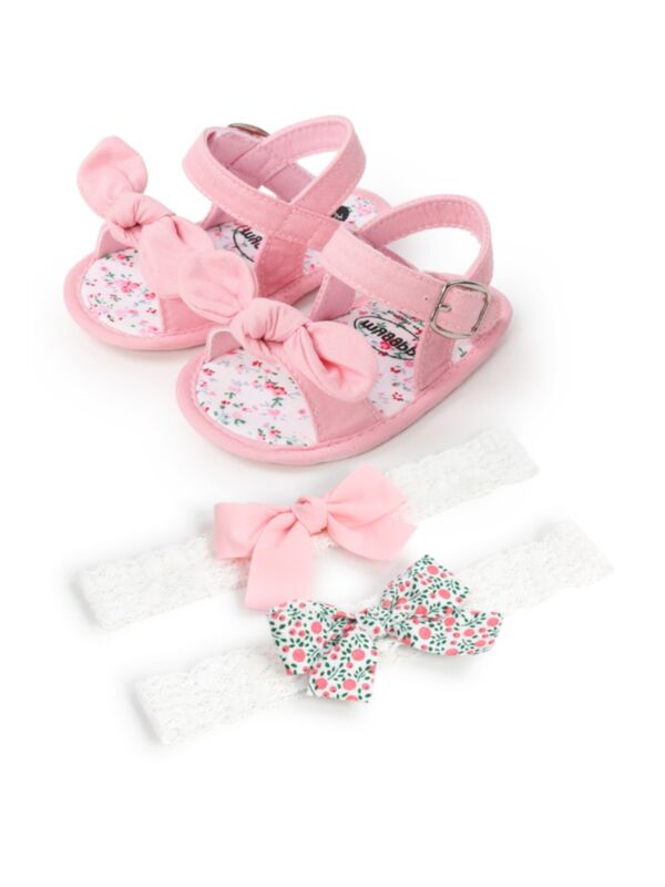 3 Pieces Bowknot Pre Walkers Baby Girl Sandals And Headband Set 21061366