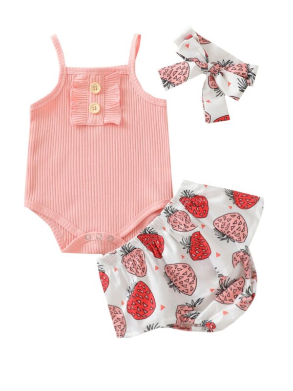 Three Pieces Baby Girl Outfit Sets Ribbed Cami Top & Bee Strawberry Print Supsender Shorts & Headband 210615509