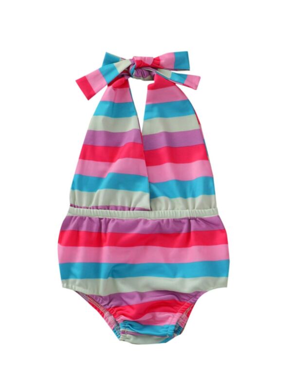 Toddler Girls Stripe One Piece Halter Neck Swimsuit 210615605