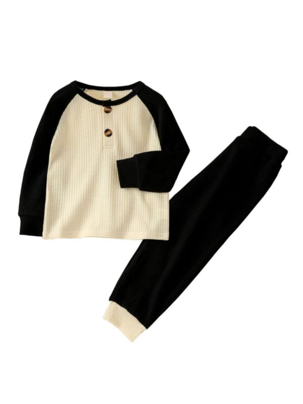 Two Pieces Knitted Plain Waffle Little Boys Clothes Set Raglan Sleeve Top And Trousers 210712624