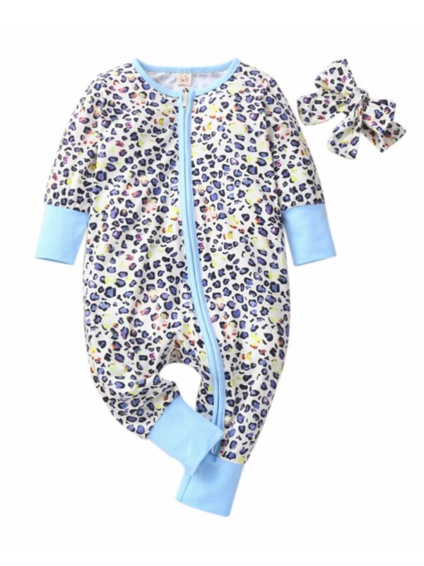 Leopard Print Zip Up Baby jumpsuit And Headband Wholesale Baby Clothing 210720816